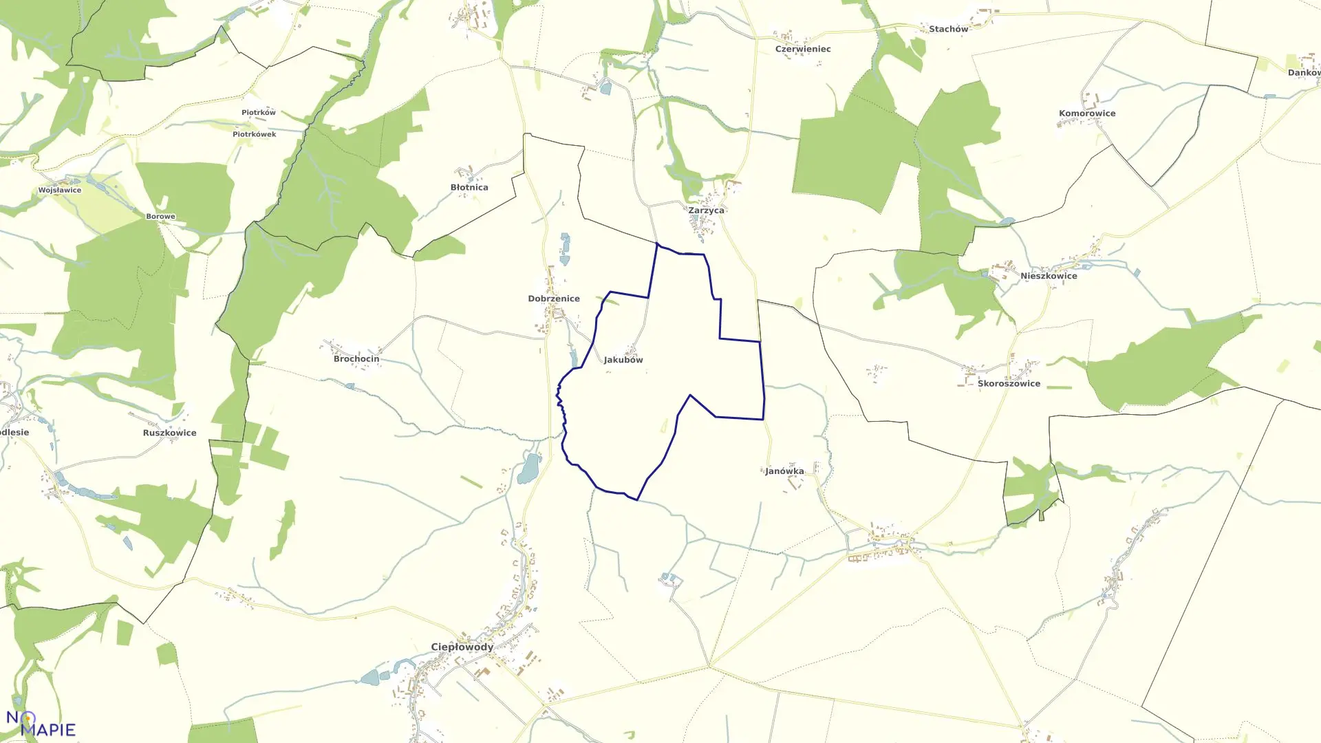 Mapa obrębu JAKUBÓW w gminie Ciepłowody